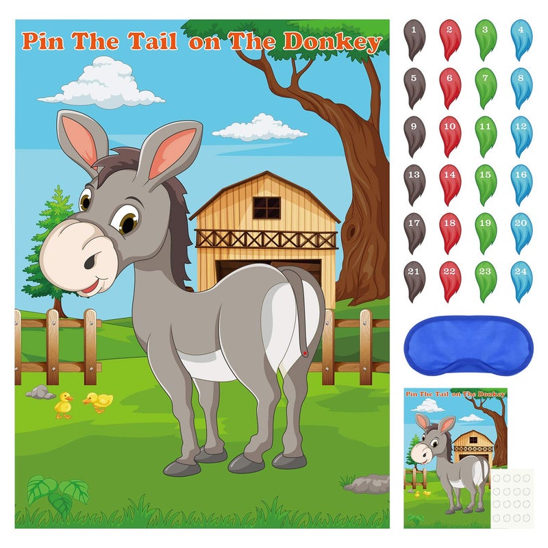 FEPITO Pin The Tail on The Donkey Party Game with 24 Pcs Tails for Kids Birthday Party Decorations, Carnival Circus Party Supplies - Image 1